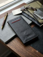 Premium Genuine Leather Long Wallet for Men – Trifold Wallet | Black with Red Accent