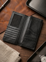 Premium Genuine Leather Long Wallet for Men – Trifold Wallet | Black with Red Accent - Image 2