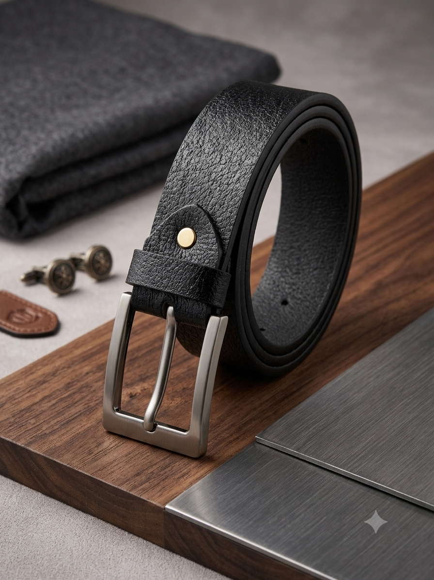 1785498338055 Classic Black Genuine Leather Men's Casual & Formal Belt – Premium Matte Metal Buckle - Image 1