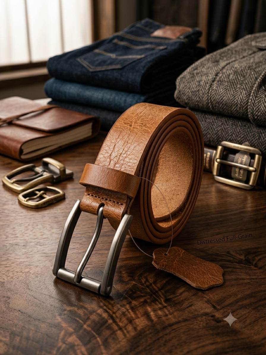 1785498839639 Vintage Distressed Full-Grain Leather Belt for Men – Premium Genuine Leather Casual & Formal Belt with Matte Metal Buckle (Brown) - Image 1